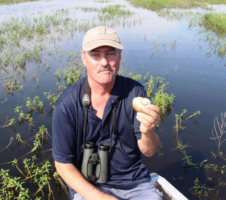 man holding up snail shell in shallow water